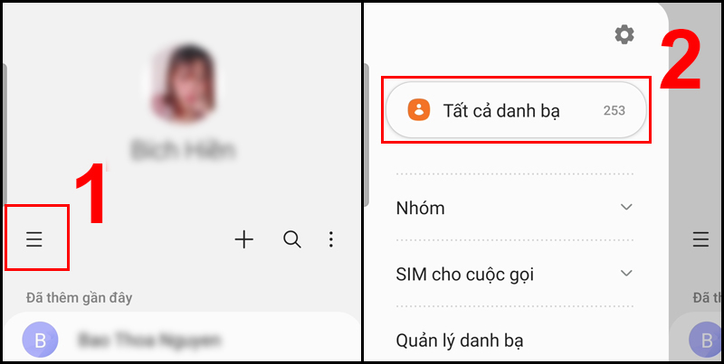 Chọn tất cả danh bạ sau khi chọn biểu tưởng 3 gạch ngang